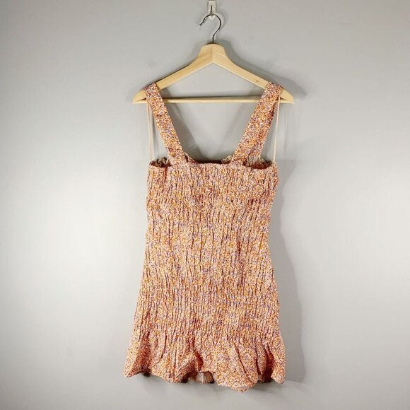 Zara Womens Floral Smocked Mini Dress Orange L Large 100% Cotton Summer Dress - Picture 2 of 10